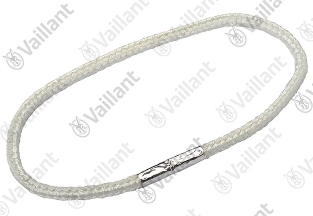 Vaillant Dichtschnur, flache, weiße Bindefaser mit einem Metallclip an einer Stelle. Das Produkt ist kreisförmig angeordnet.